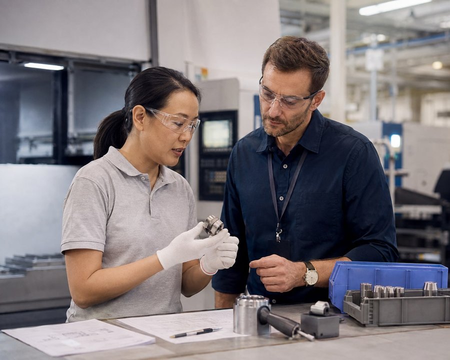Sourcing and quality professionals inspecting a component in a manufacturing facility