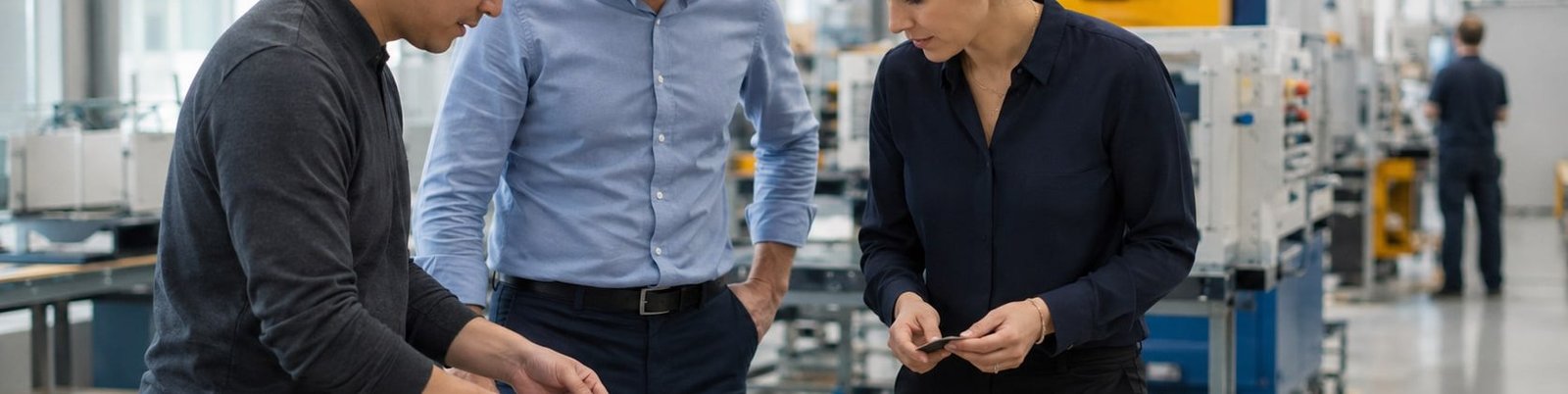 International sourcing team comparing material samples inside a manufacturing facility