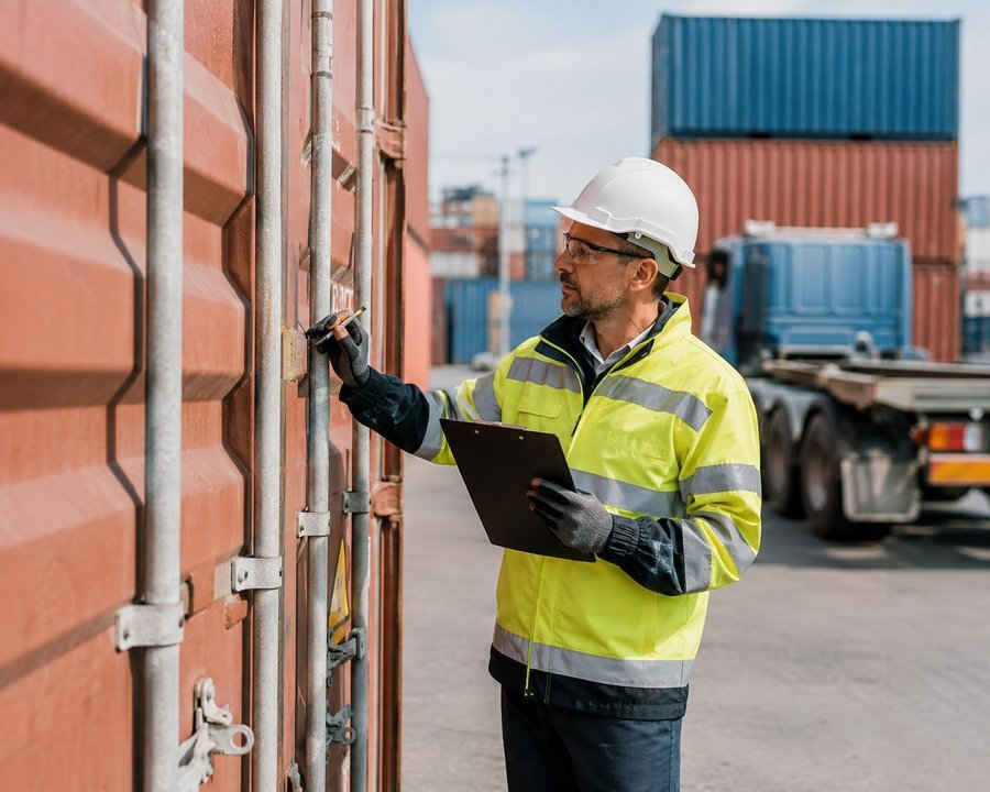 Logistics professional inspecting a shipping container at a cargo terminal