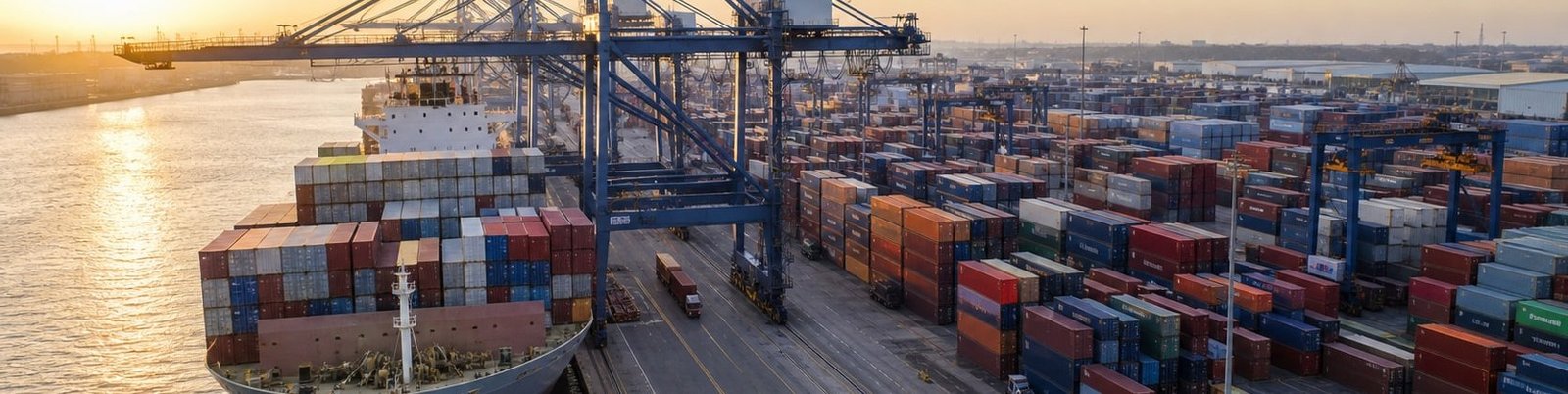 Cargo ship, containers, cranes, and trucks operating at an international port