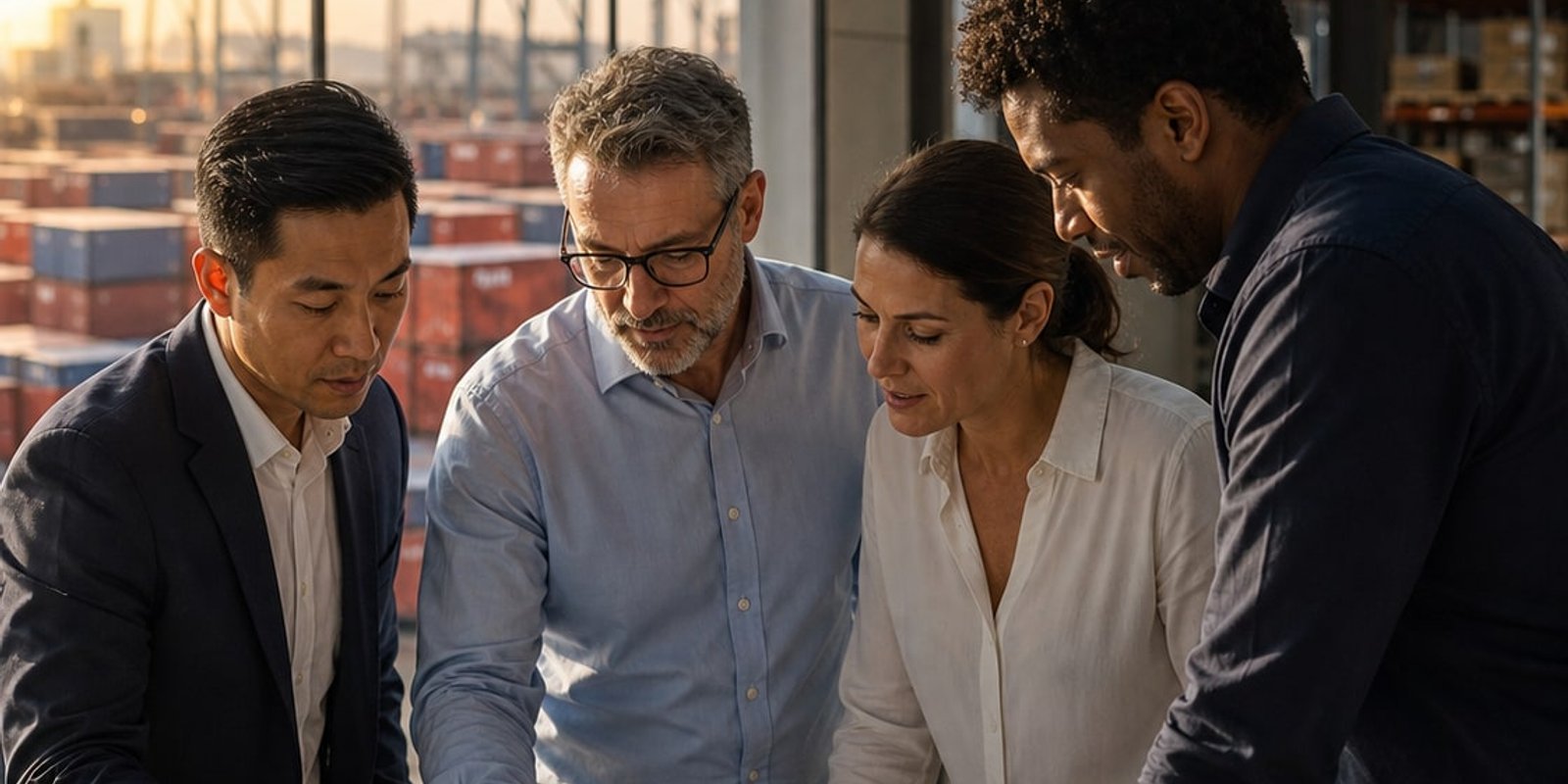 International trade professionals reviewing shipping documents