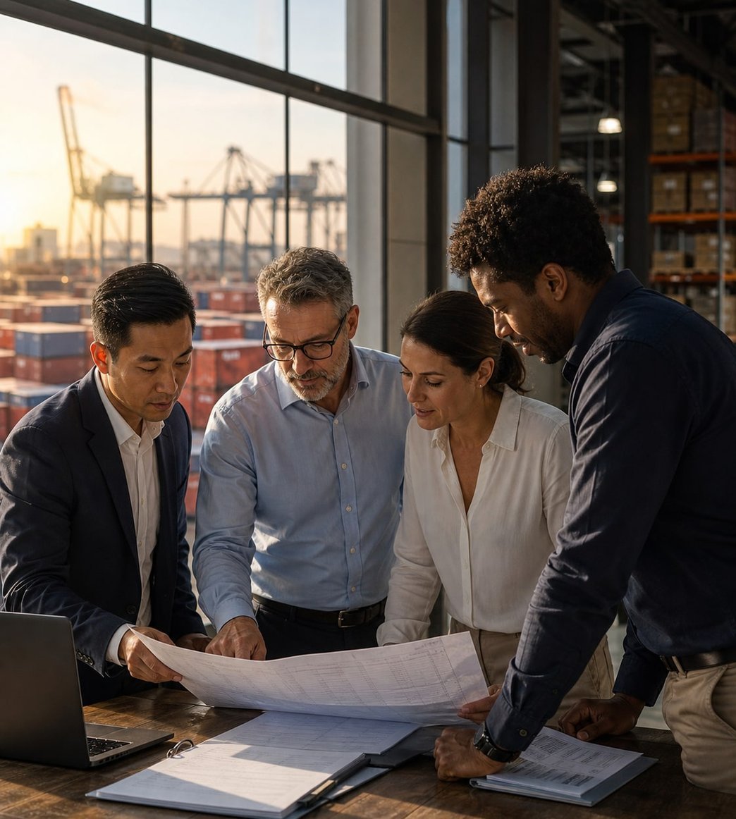 International trade professionals reviewing shipping documents