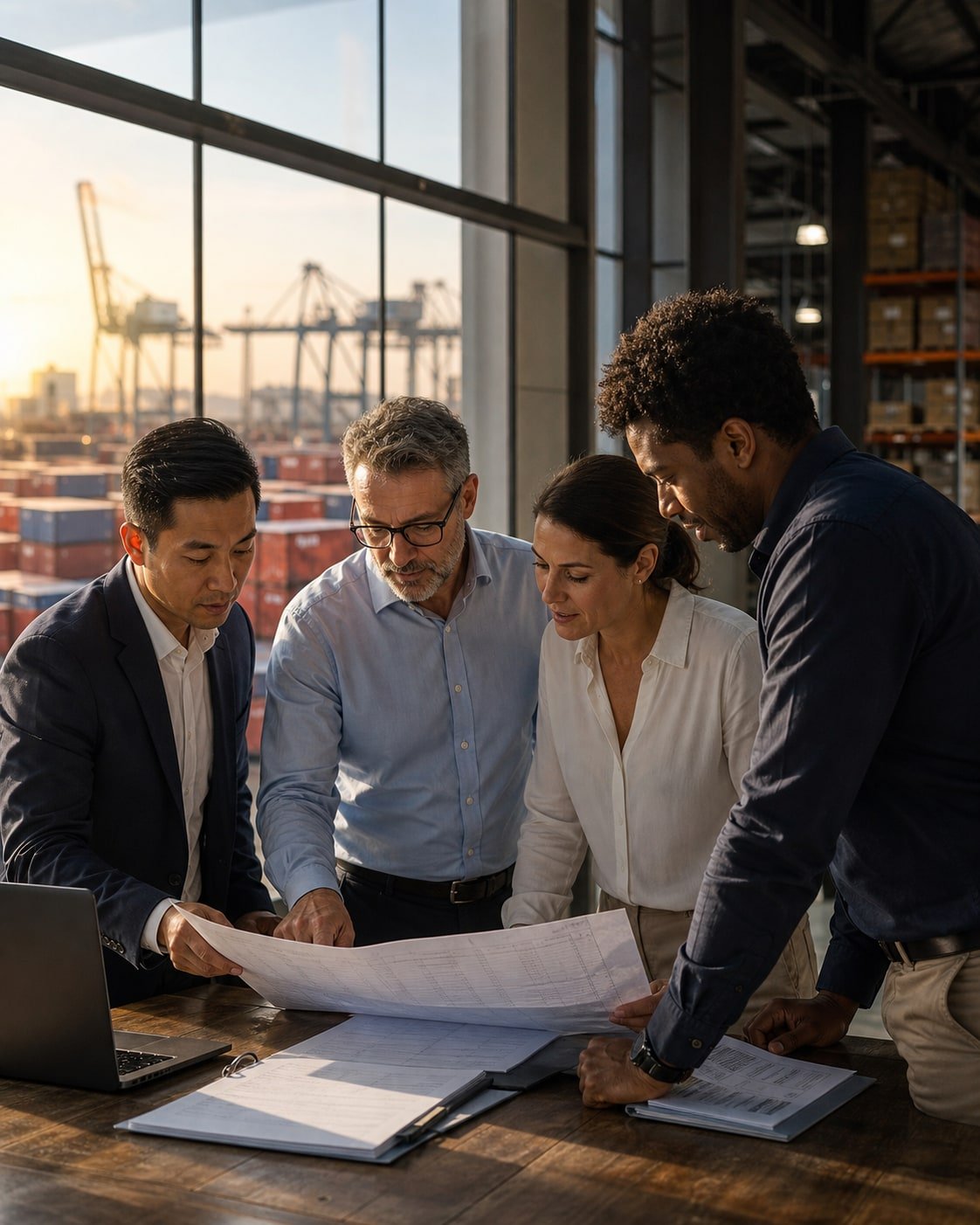 International trade professionals reviewing shipping documents
