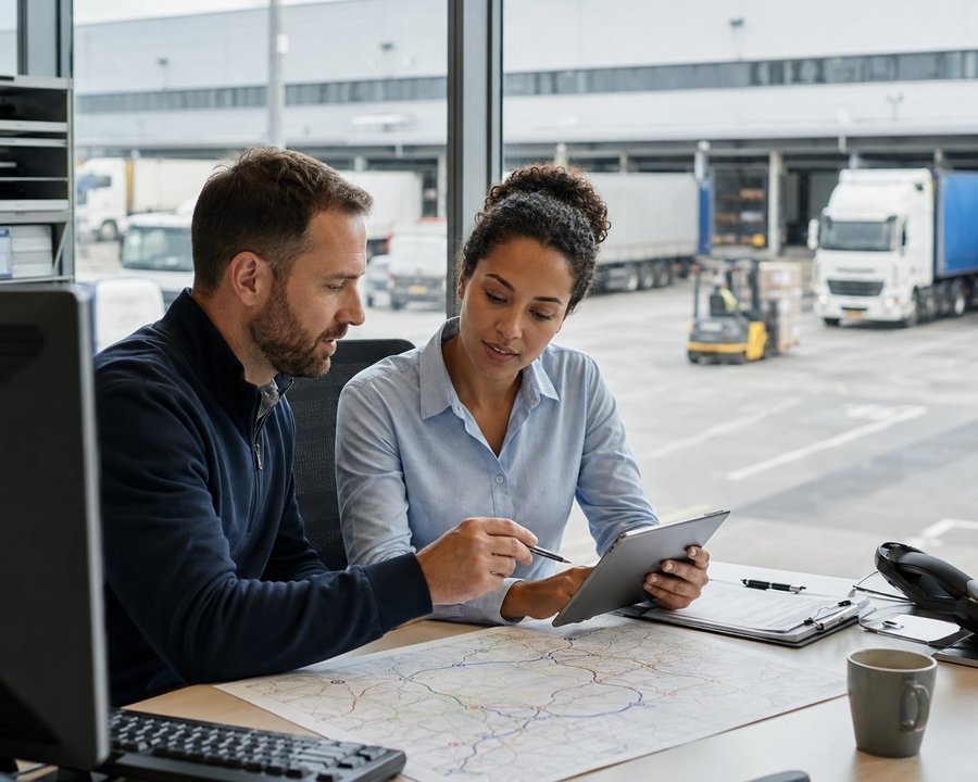 Logistics professionals planning freight routes beside an active distribution yard