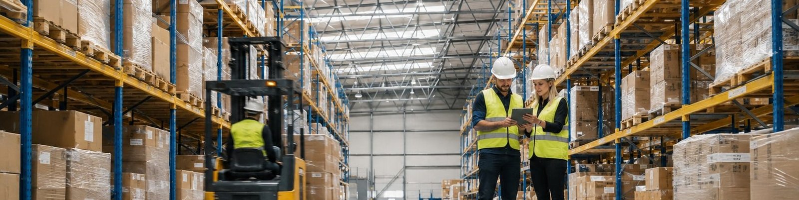 Logistics professionals coordinating inventory in a modern distribution warehouse