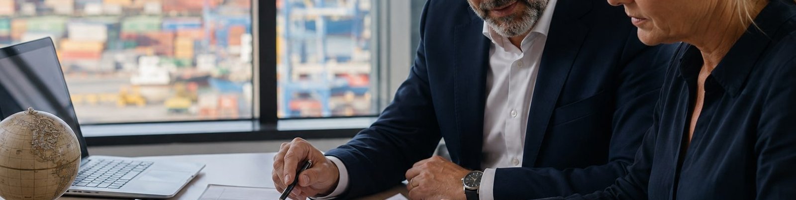 Trade professionals carefully examining customs and shipping documents